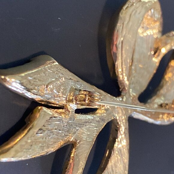 Vintage Bow Brooch Pin Signed Roman Estate Textured Gold Tone Metal Rhinestone R - Picture 10 of 16